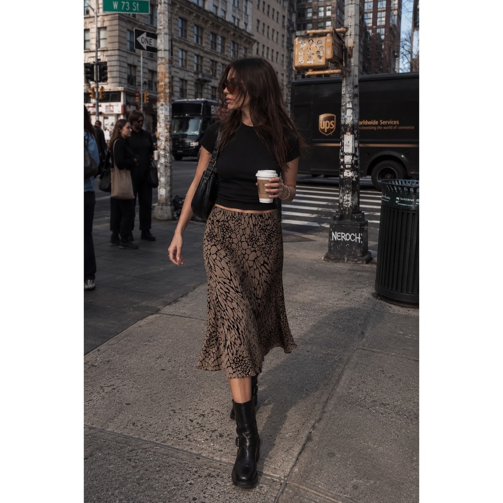 VTG Express Brown Black Abstract Animal Print Chiffon Midi Skirt Size L Y2K 90s